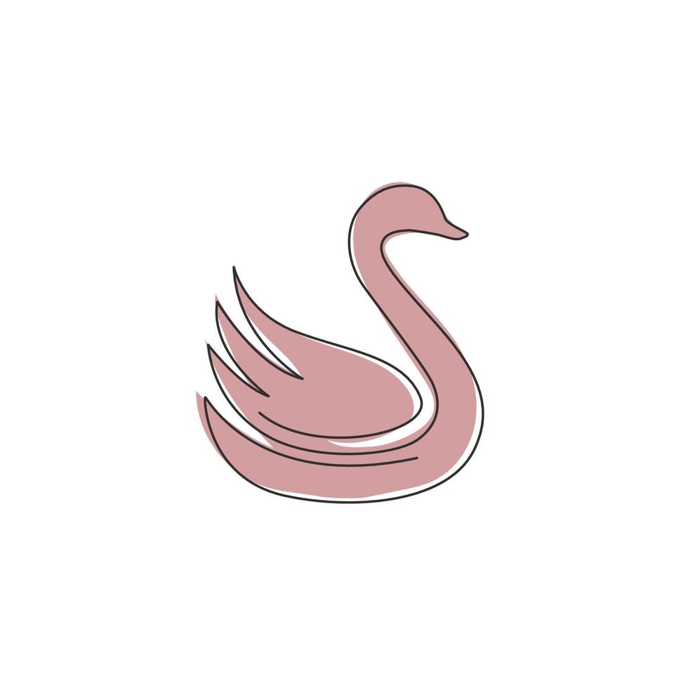 One continuous line drawing of beautiful swan for wedding organizer logo identity. Adorable goose animal mascot concept for elegant marriage invitation card. Single line draw design illustration vector