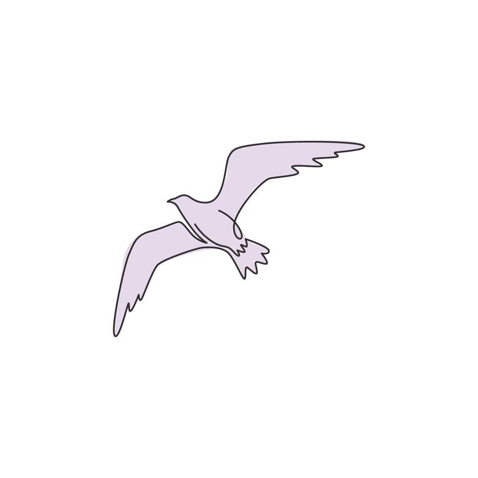 Single continuous line drawing of elegant seagull for nautical logo identity. Adorable seabird mascot concept for sea port symbol. Modern one line vector graphic draw design illustration