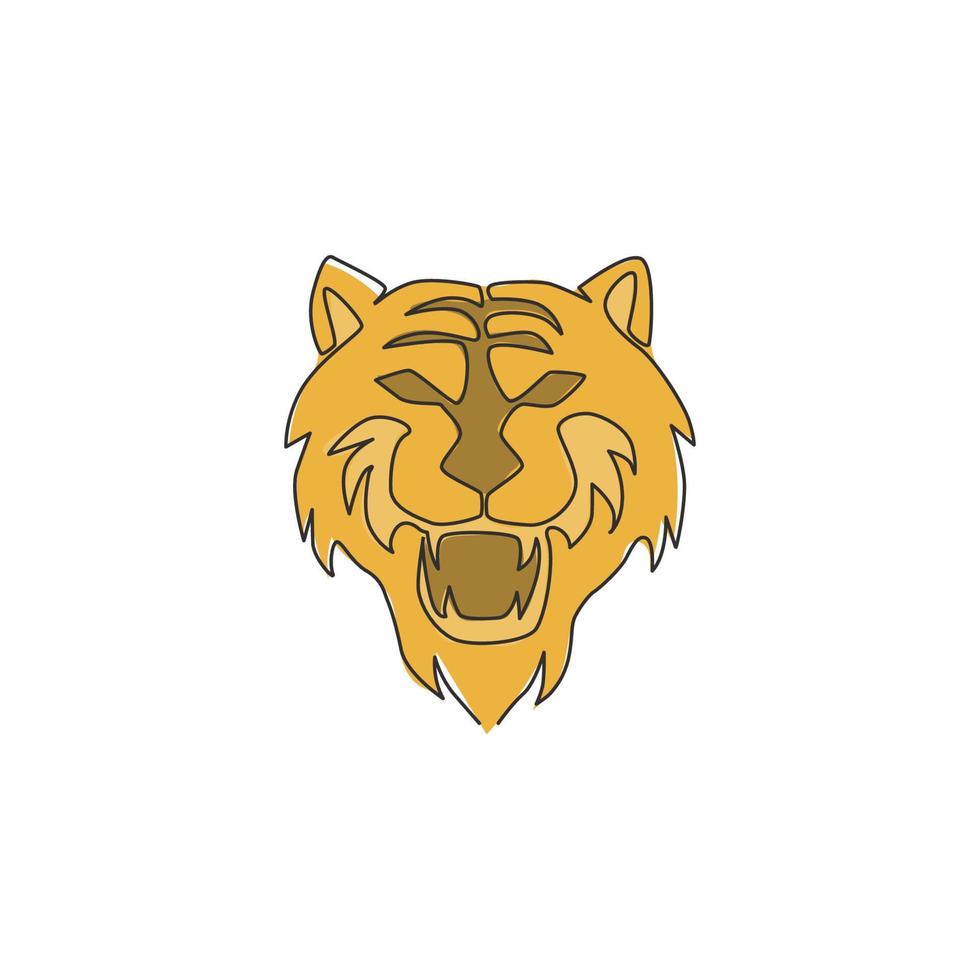 One single line drawing of wild Sumatra tiger head for business logo identity. Strong Bengal big cat animal mascot concept for national conservation park. Continuous line draw design illustration vector
