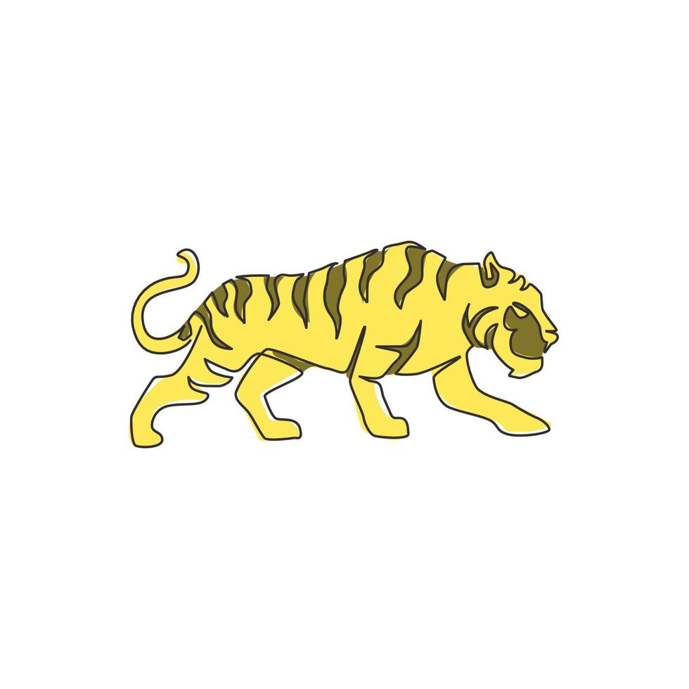 un dibujo de una sola línea del tigre salvaje de sumatra para la identidad del logotipo de la empresa. Fuerte concepto de mascota animal de gato grande de Bengala para el parque nacional de conservación. ilustración de diseño de dibujo de línea continua vector