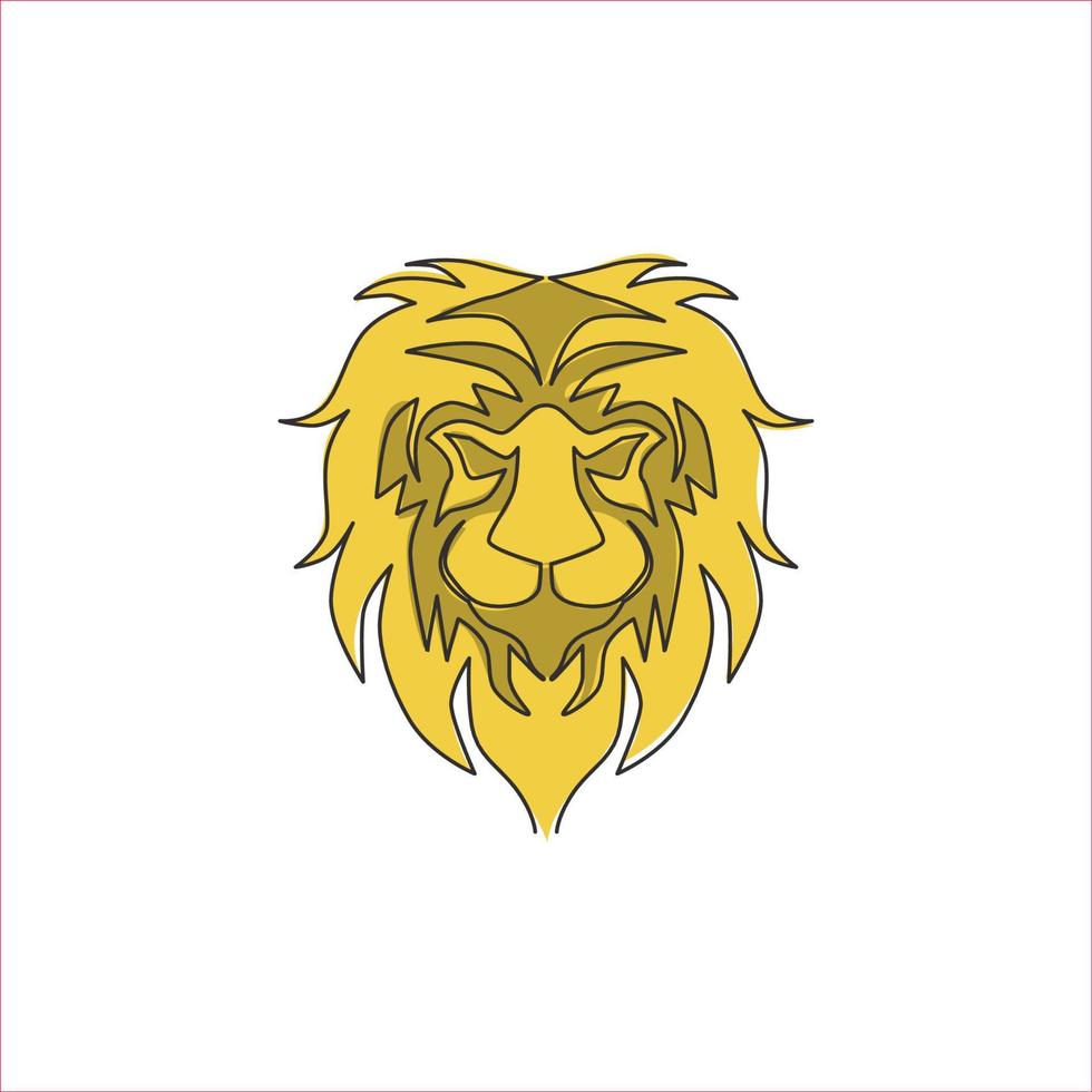 One continuous line drawing of king of the jungle, lion head for company logo identity. Strong feline mammal animal mascot concept for national safari zoo. Single line draw design vector illustration