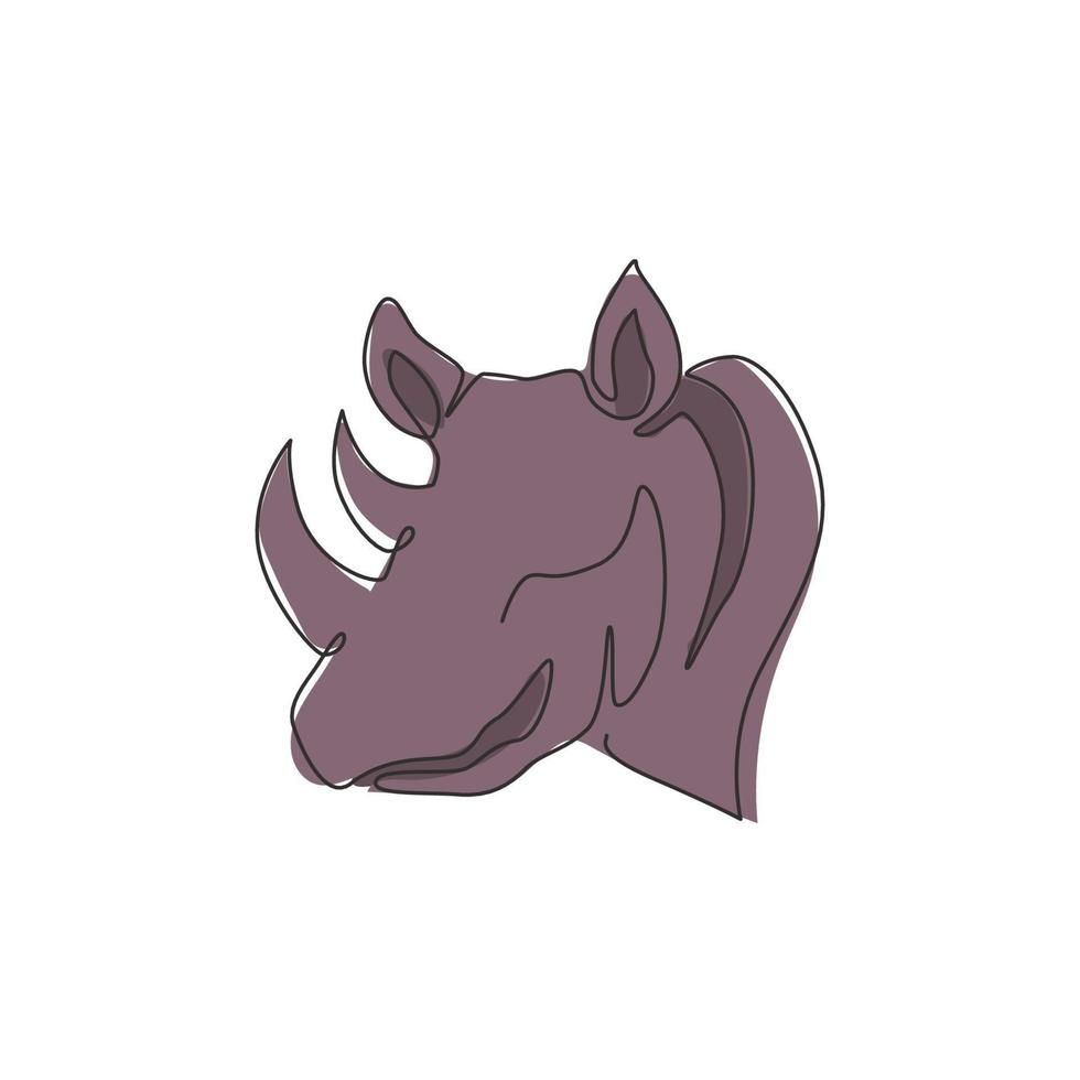un dibujo de una sola línea de una fuerte cabeza de rinoceronte para la identidad del logotipo del parque nacional de conservación. concepto de mascota animal de rinoceronte africano para safari de zoológico nacional. ilustración de diseño de dibujo de línea continua vector