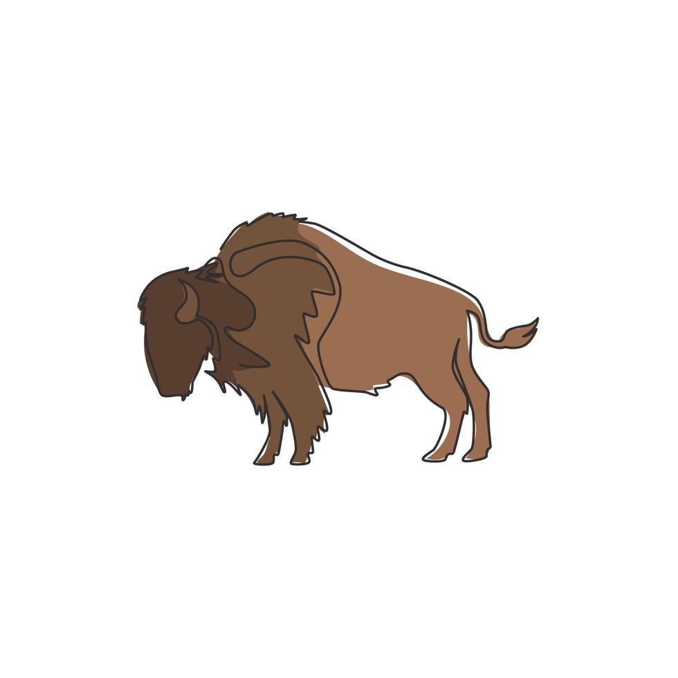 un dibujo de línea continua de un bisonte norteamericano fuerte para la identidad del logotipo del bosque de conservación. concepto de la mascota del gran toro para el parque nacional. Ilustración de diseño gráfico de vector de dibujo de una línea moderna