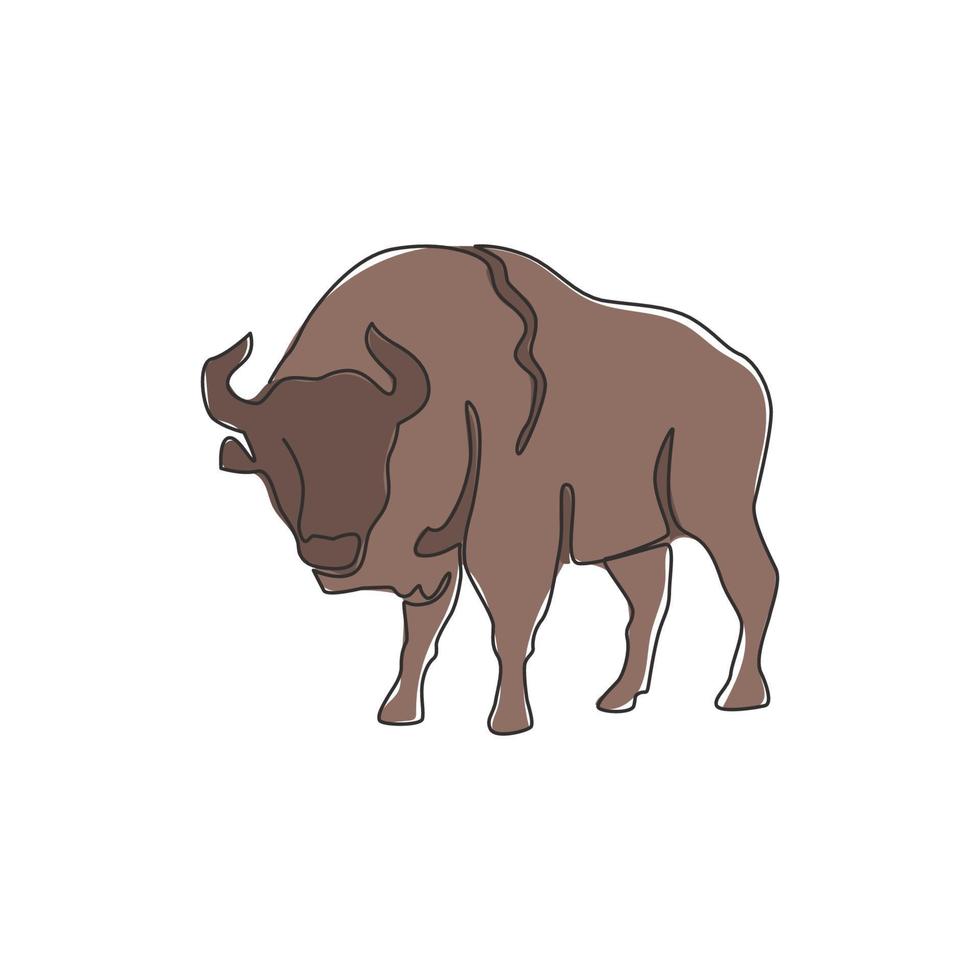 dibujo de línea continua única de bisonte americano de elegancia para la identidad del logotipo de una empresa multinacional. concepto de mascota de toro de lujo para espectáculo de matador. Ilustración gráfica de vector de diseño de dibujo de una línea de moda