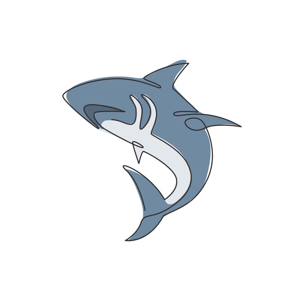 Single continuous line drawing of aggressive shark for nature adventure company logo identity. Wildlife sea fish animal concept for safe ocean organization mascot. One line draw design illustration vector