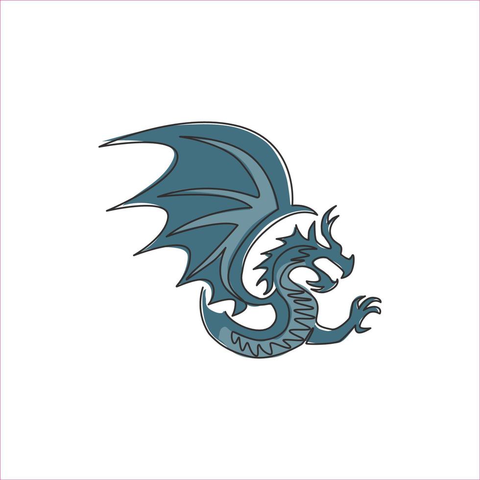 One continuous line drawing of mythological creature dragon for company logo identity. Fantasy flying dinosaurs animal mascot concept for decorative tribal. Single line draw design vector illustration