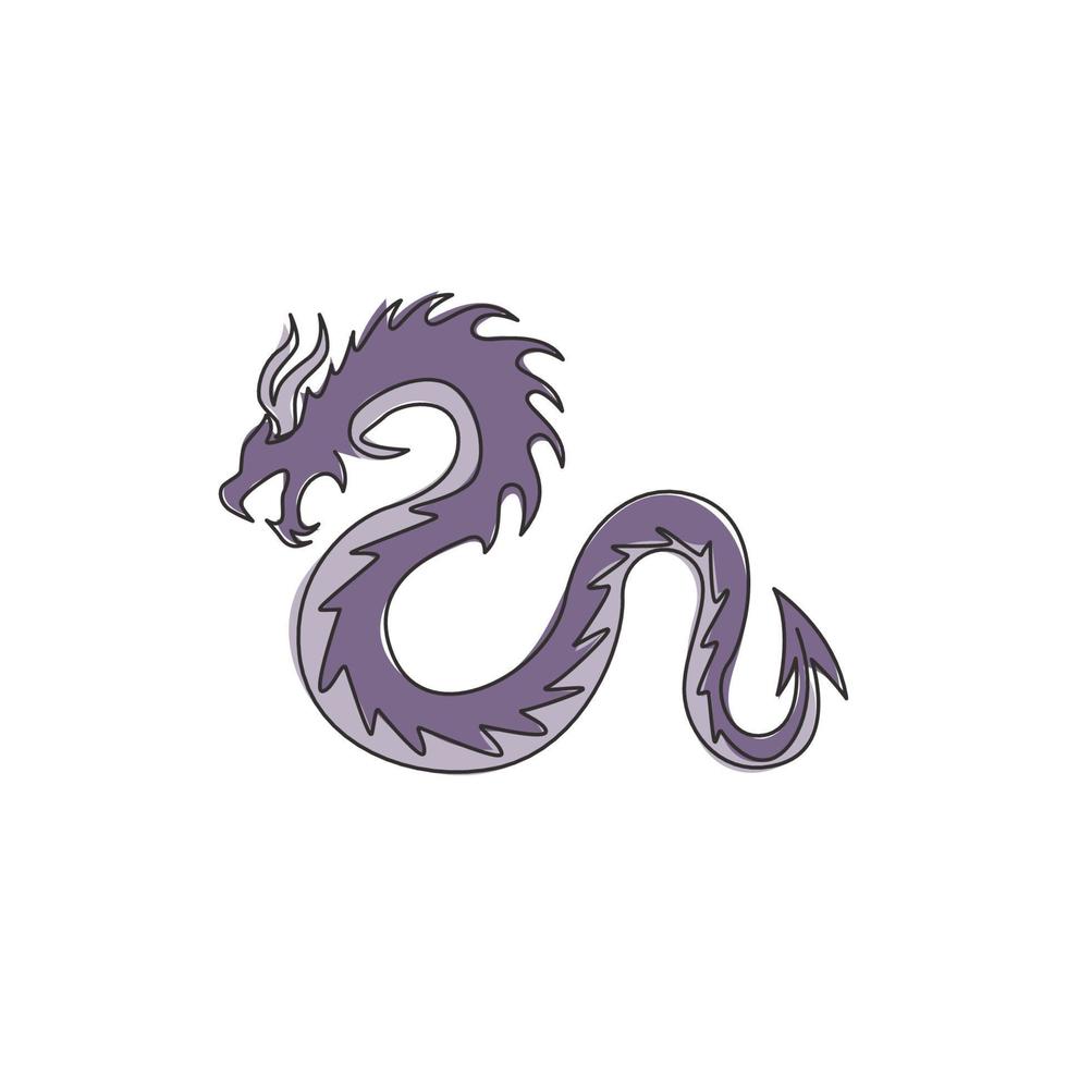 Single continuous line drawing of fictional monsters dragon for chinese traditional logo identity. Magical legend creature mascot concept for martial art association. One line draw design illustration vector