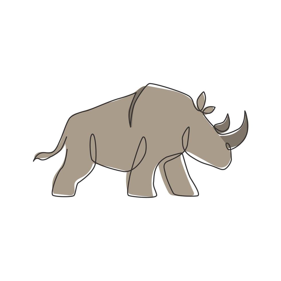 One single line drawing of strong rhinoceros for conservation national park logo identity. Big African rhino animal mascot concept for national zoo safari. Continuous line draw design illustration vector