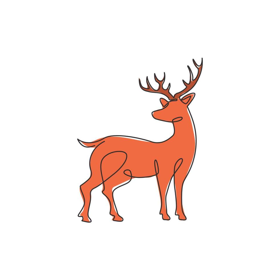 Single continuous line drawing of elegance cute deer for national zoo logo identity. Luxury buck mascot concept for animal hunting club. Modern one line draw graphic vector design illustration