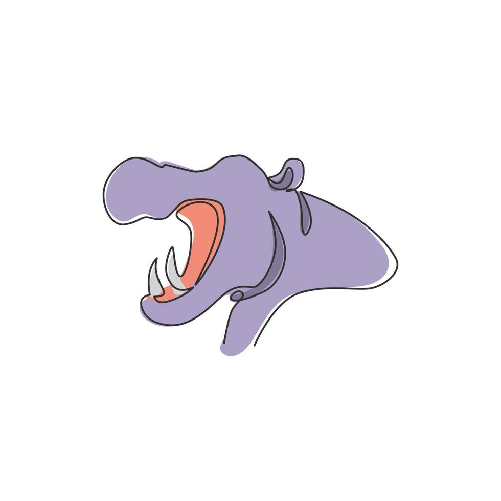 Single continuous line drawing of large cute hippopotamus for safari zoo logo identity. Huge friendly hippo animal mascot concept for conservation national park. One line draw design illustration vector