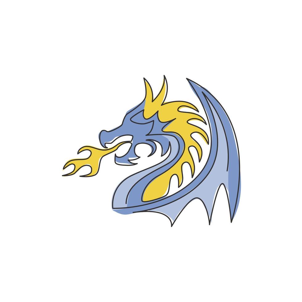 Single continuous line drawing of fictional monsters dragon for Chinese traditional logo identity. Magical legend creature mascot concept for martial art association. One line draw design illustration vector