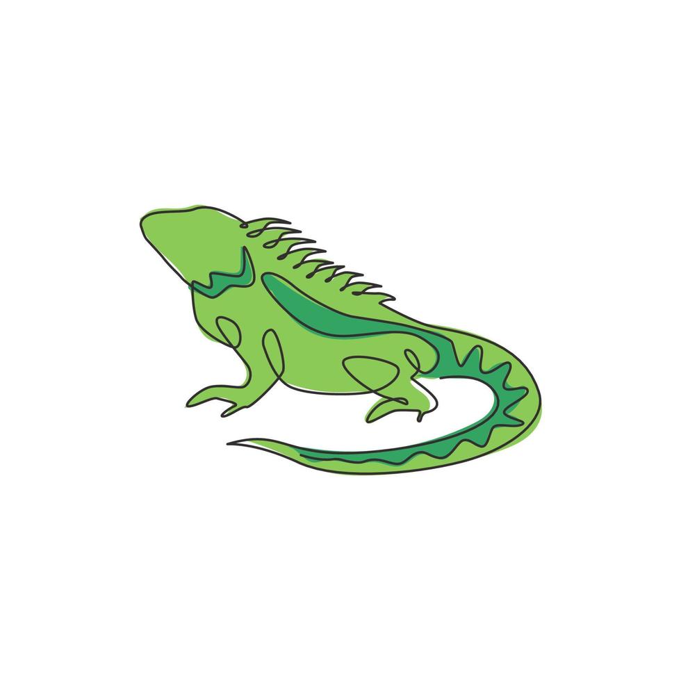 One continuous line drawing of beautiful iguana for company logo identity. Funny reptilian animal mascot concept for pet hobbyist association. Single line draw design illustration vector graphic