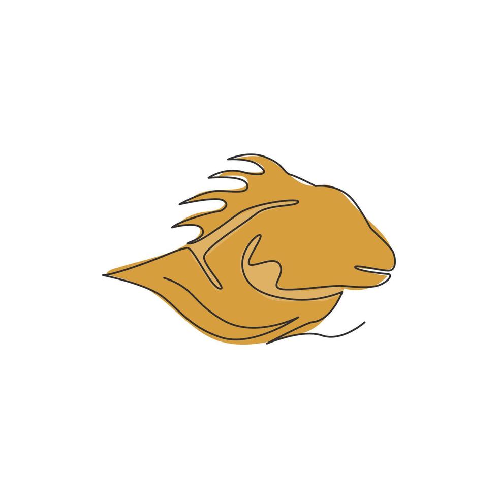 un dibujo de una sola línea de una cabeza de iguana exótica para la identidad del logotipo de la empresa. lindo concepto de mascota animal reptil para la sociedad de amantes de las mascotas. Vector gráfico de ilustración de diseño de dibujo de línea continua moderna