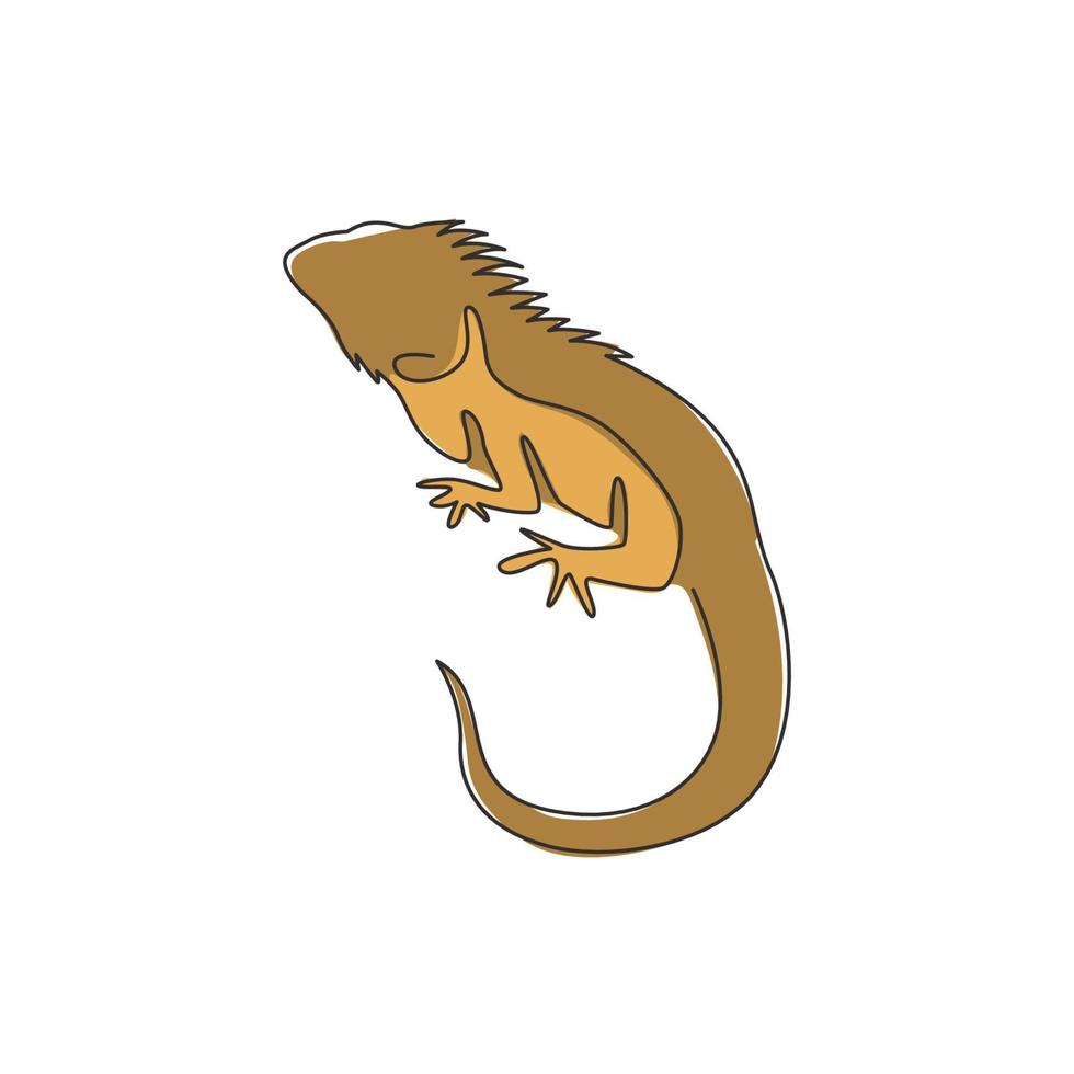 One single line drawing of exotic iguana for company logo identity. Cute reptilian animal mascot concept for pet lover society. Trendy continuous line draw design vector graphic illustration