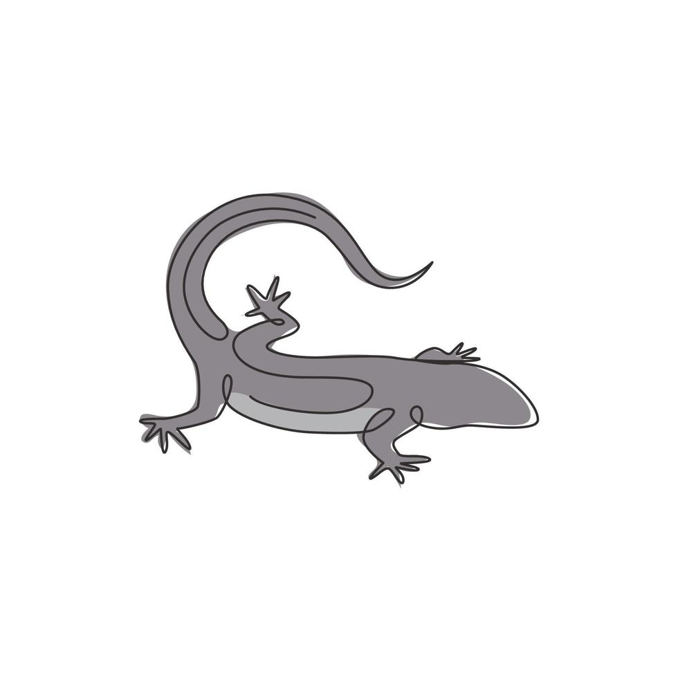 One continuous line drawing of exotic desert lizard for company logo identity. Cute desert animal mascot concept for reptile pet lover organization. Trendy single line draw design vector illustration