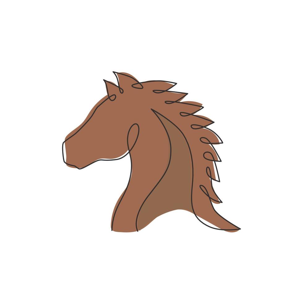 un dibujo de línea continua del caballo de elegancia de lujo para la identidad del logotipo de la corporación. concepto de símbolo animal mamífero cabeza equina fuerte. Ilustración de diseño de dibujo de gráfico de vector de línea única dinámica