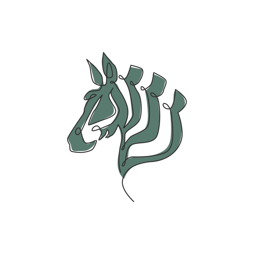 un dibujo de línea continua de la cabeza de cebra para la identidad del logotipo de safari del zoológico del parque nacional. Caballo de África con el concepto de rayas para la mascota de la empresa. Ilustración gráfica de diseño de dibujo de una sola línea de moda vector