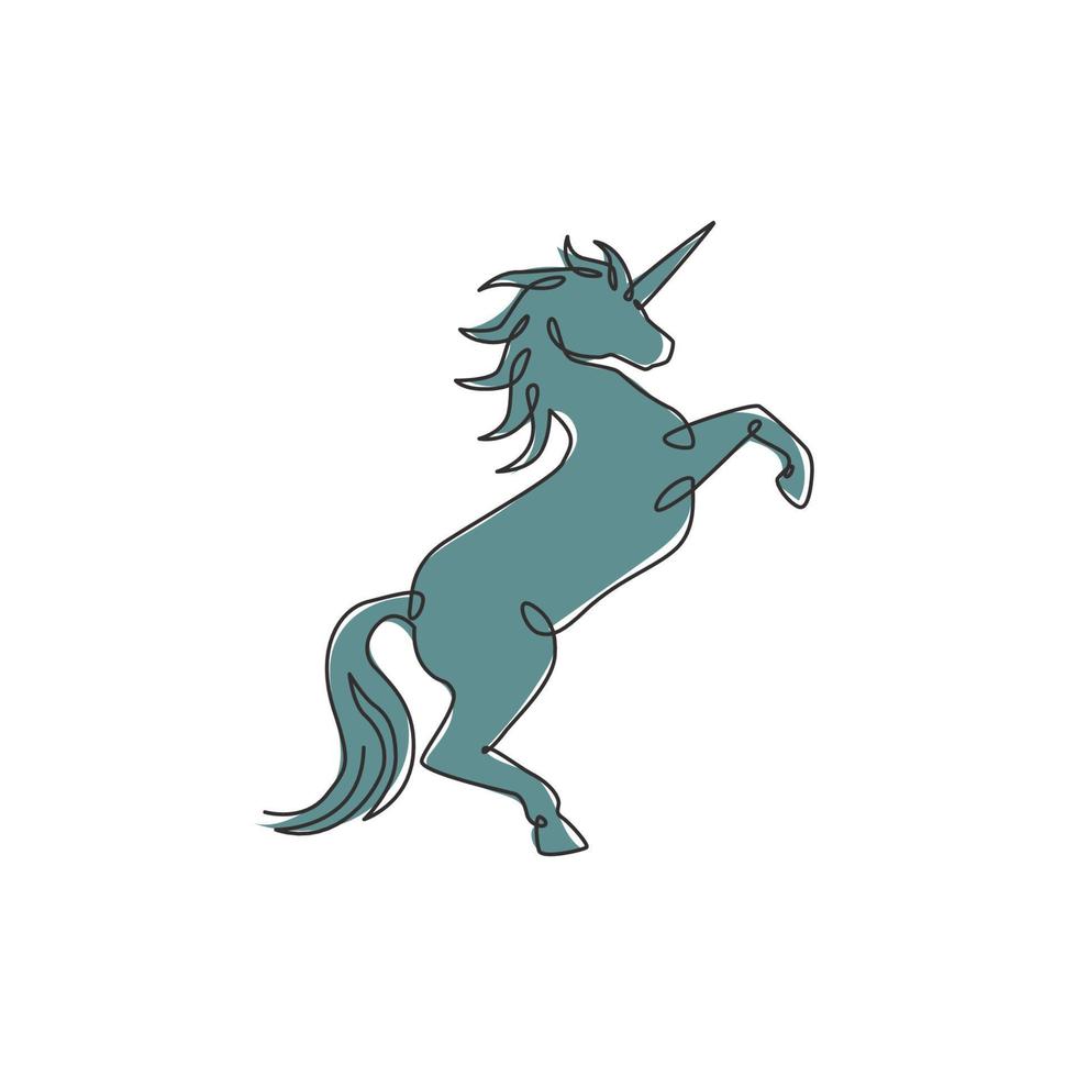 un dibujo de una sola línea de un lindo unicornio saltador con cuerno para la identidad del logotipo del estudio creativo. hermoso concepto de mitología de criatura animal de hadas. Ilustración de vector de diseño de dibujo de línea continua moderna