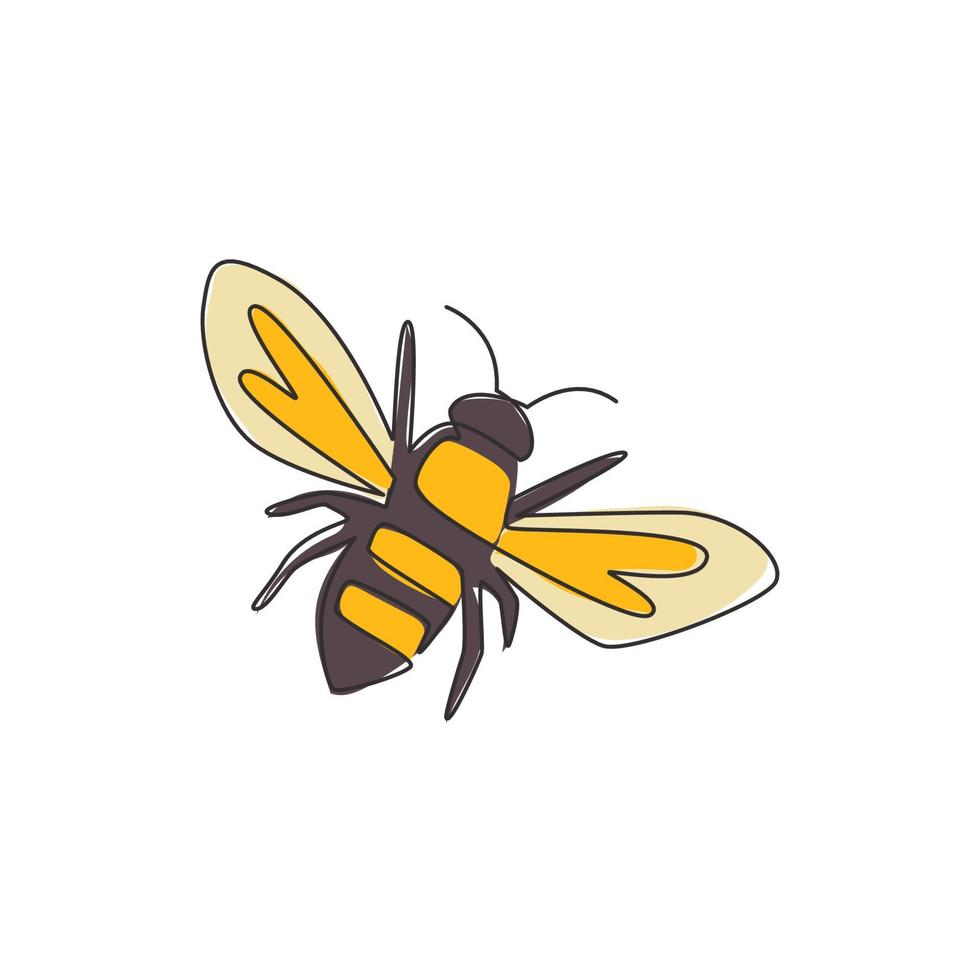 Single continuous line drawing of decorative bee for farm logo identity. Honeycomb producer icon concept from wasp animal shape. One line draw graphic design vector illustration