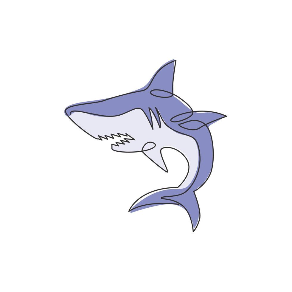 dibujo de una sola línea del gobernante del mar, tiburón para la identidad del logotipo de la empresa. peligroso concepto de pez de mar para la mascota de la organización de paz de la naturaleza del océano. Ilustración de vector de diseño de dibujo de línea continua