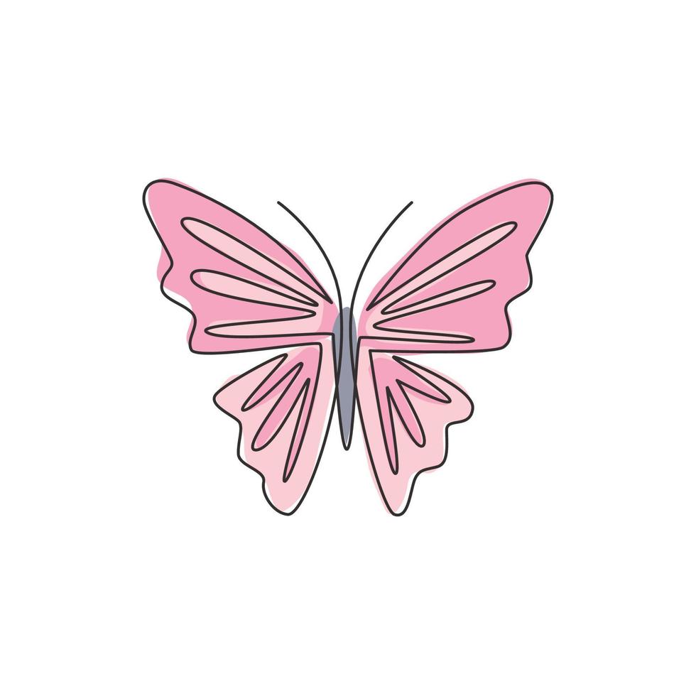 One single line drawing of beautiful butterfly for company logo identity. Salon and spa healthcare business icon concept from animal shape. Continuous line draw graphic vector design illustration