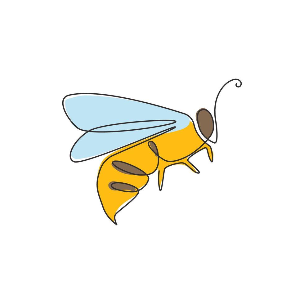One continuous line drawing of elegant bee for company logo identity. Organic honey farm icon concept from insect wasp animal shape. Single line draw graphic design vector illustration