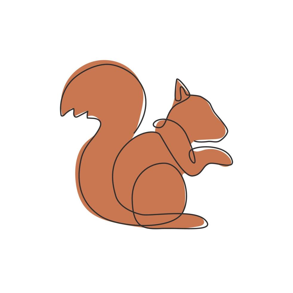 One continuous line drawing of cute squirrel for company logo identity. Business icon concept from funny mammal animal shape. Trendy single line graphic draw vector design illustration
