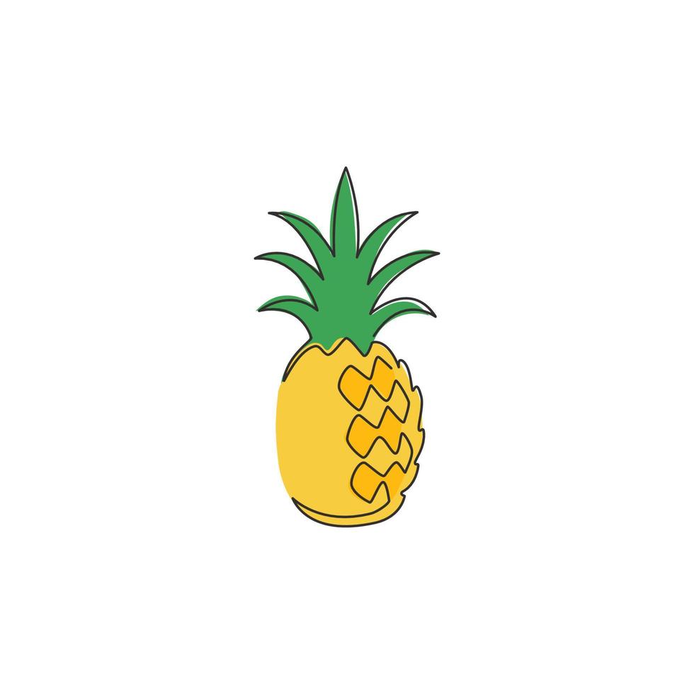One continuous line drawing whole healthy organic pineapple for orchard logo identity. Fresh summer fruitage concept for fruit garden icon. Modern single line draw design vector graphic illustration