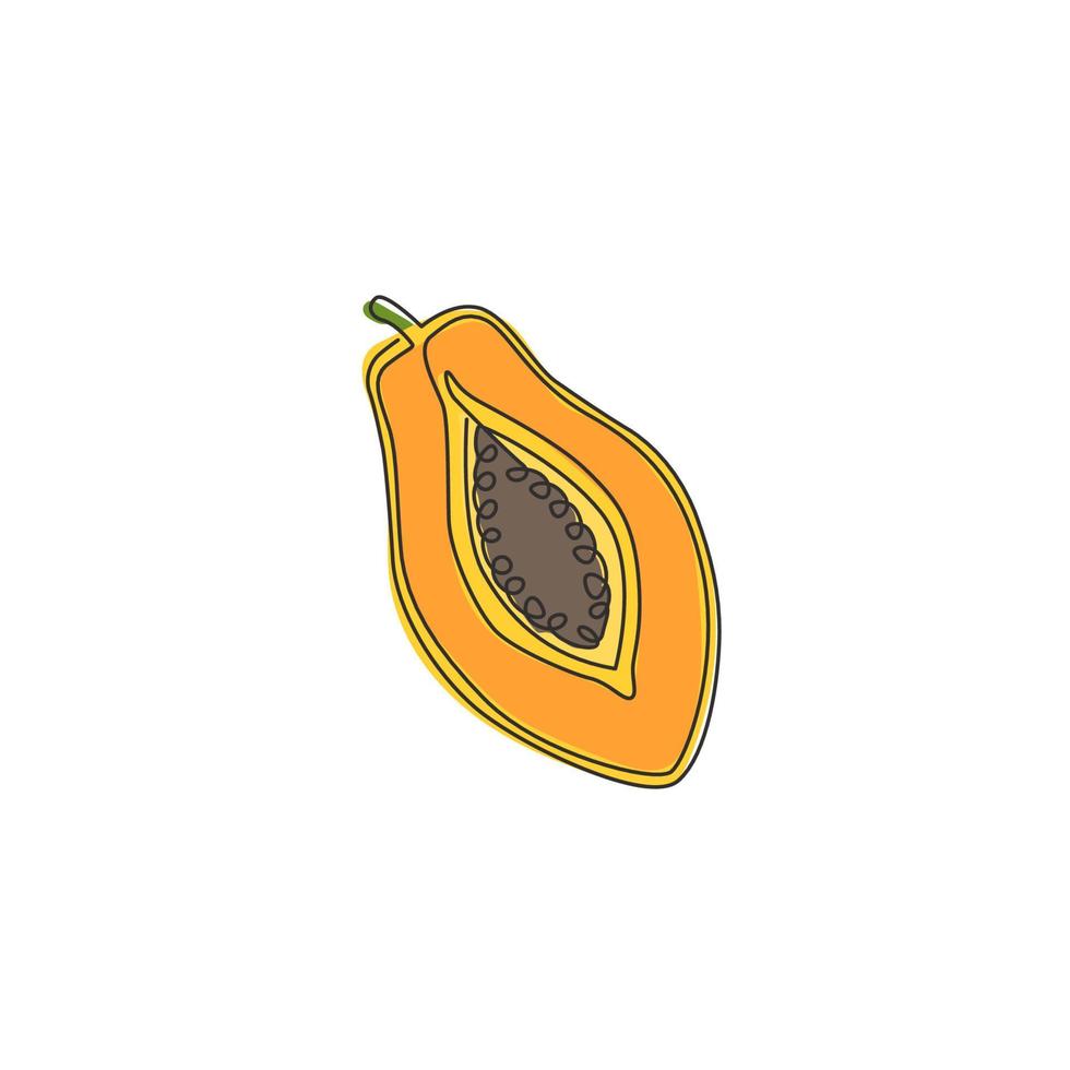 Single one line drawing of half sliced healthy organic papaya for orchard logo identity. Fresh fruitage concept for fruit garden icon. Modern continuous line draw design vector graphic illustration