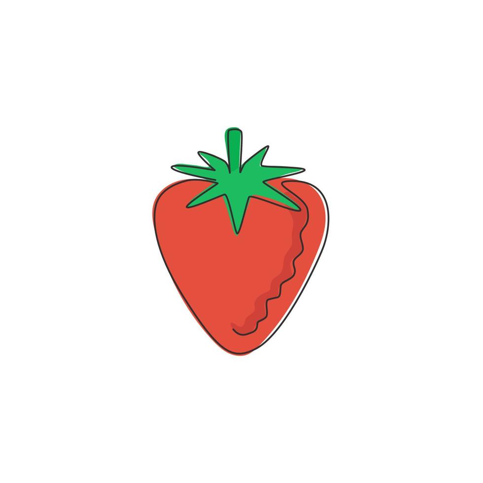 One continuous line drawing of whole healthy organic strawberry for orchard logo identity. Fresh berry concept for fruit garden icon. Modern single line draw design vector graphic illustration