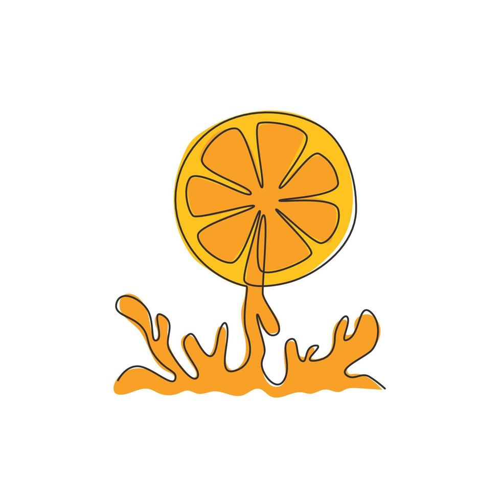 Single one line drawing of sliced healthy organic orange for orchard logo identity. Fresh splashed summer fruitage concept for fruit drink icon. Modern continuous line draw design vector illustration