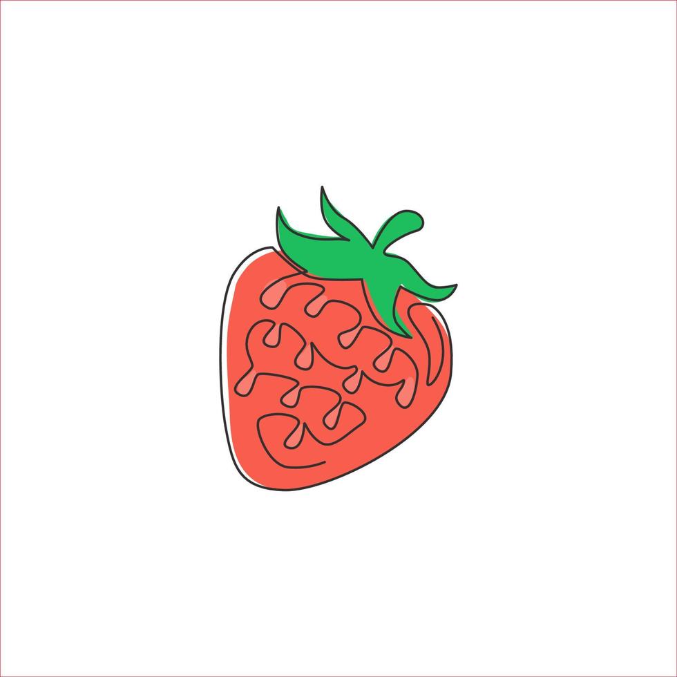 Single continuous line drawing of whole healthy organic strawberry for orchard logo identity. Fresh berry concept for fruit garden icon. Modern one line draw design graphic vector illustration