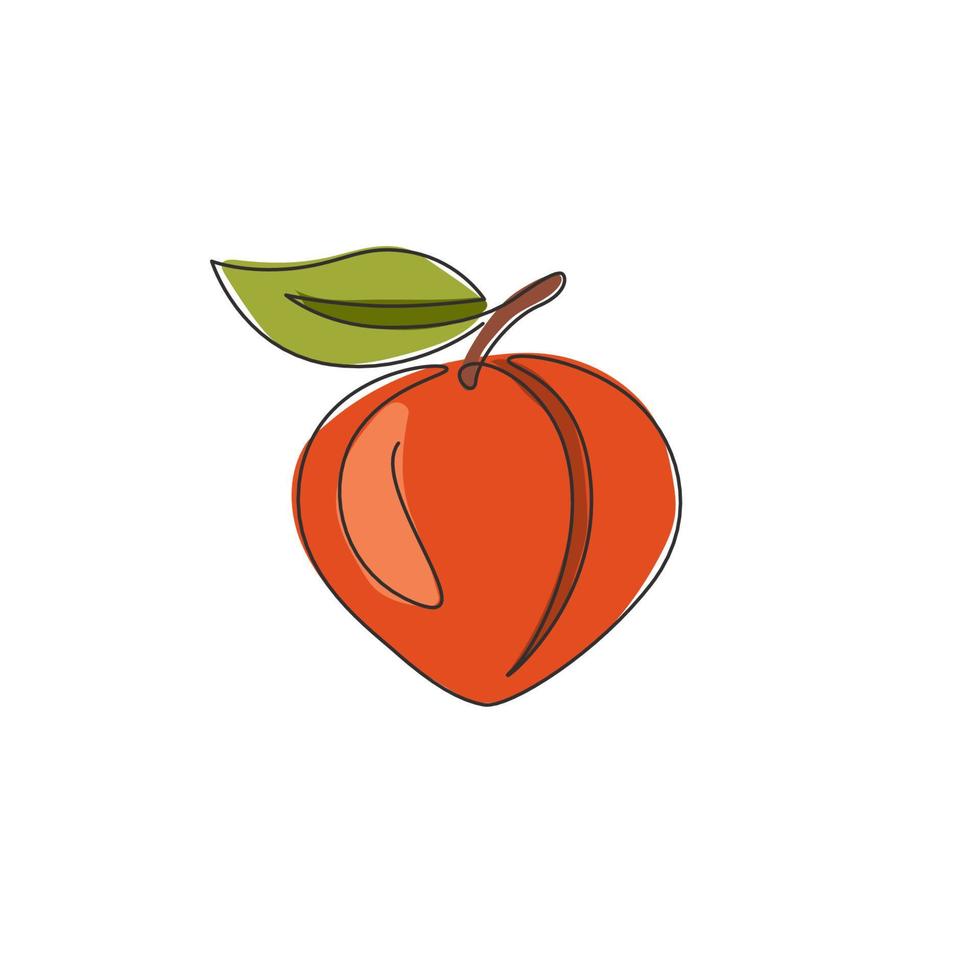 One continuous line drawing of whole healthy organic peach for orchard logo identity. Fresh fruitage concept for fruit garden icon. Modern single line draw design graphic vector illustration