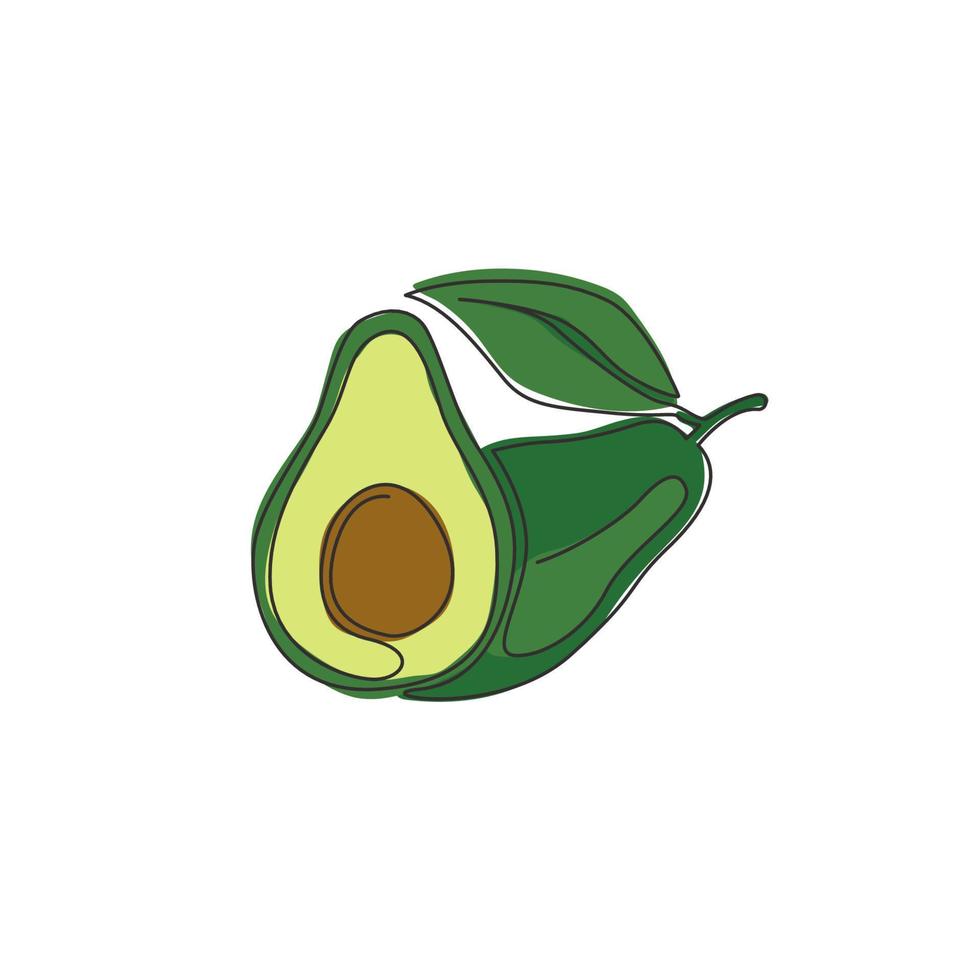 One continuous line drawing of whole healthy organic avocado fruit for orchard logo identity. Fresh tropical fruitage concept for fruit garden icon. Modern single line draw design vector illustration