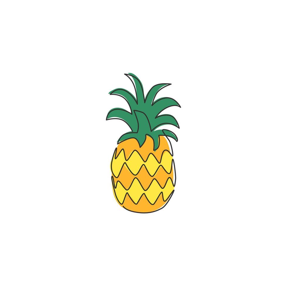 Single continuous line drawing whole healthy pineapple organic for orchard logo identity. Fresh summer fruitage concept for fruit garden icon. Modern one line draw design vector graphic illustration
