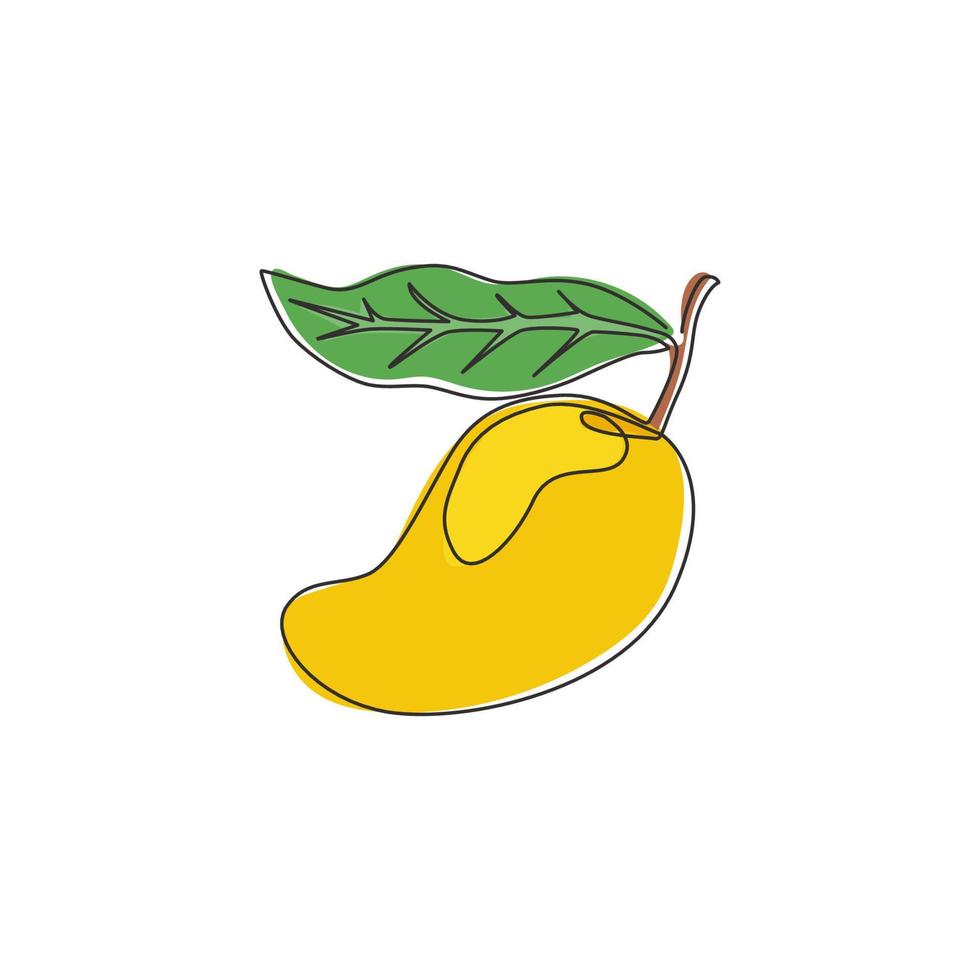 One continuous line drawing of healthy organic mango for orchard logo identity. Fresh tropical fruitage concept for fruit garden icon. Modern single line draw design vector graphic illustration