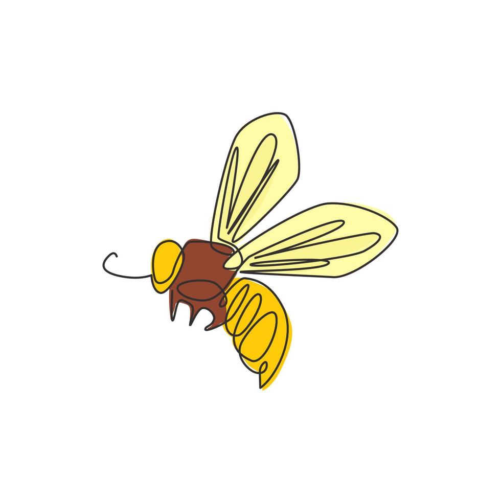 One single line drawing of cute bee for company logo identity. Honeybee farm icon concept from wasp animal shape. Trendy continuous line draw design vector graphic illustration