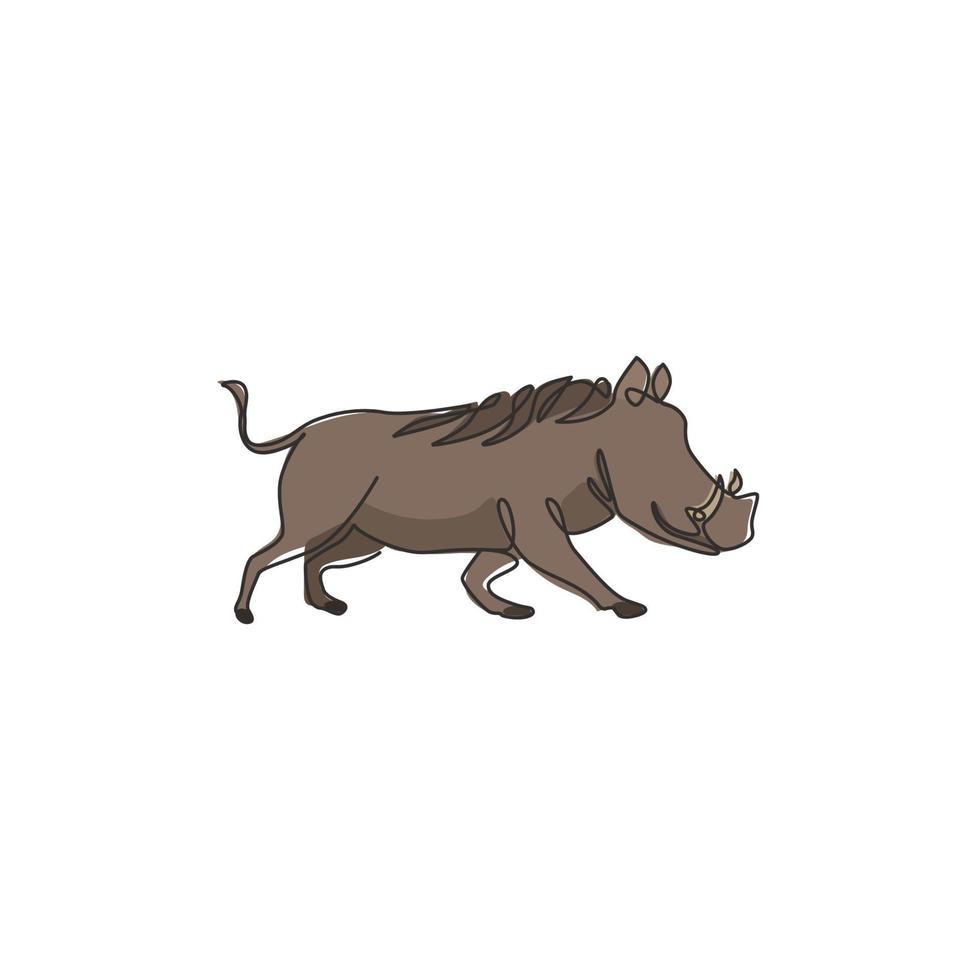 Single continuous line drawing of wild common warthog for company logo identity. Saharan Africa pig mascot concept for national conservation park icon. Modern one line draw design vector illustration