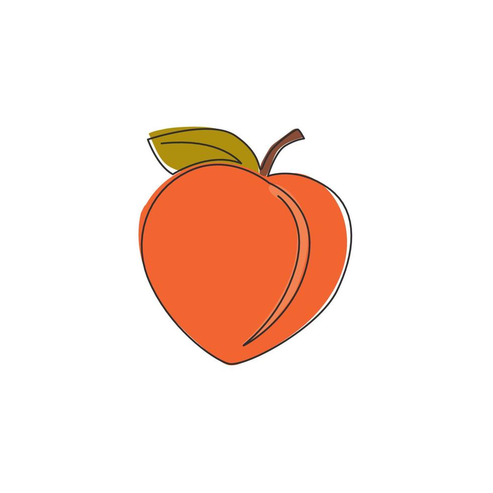 Single continuous line drawing of whole healthy organic peach for orchard logo identity. Fresh fruitage concept for fruit garden icon. Modern one line draw graphic design vector illustration