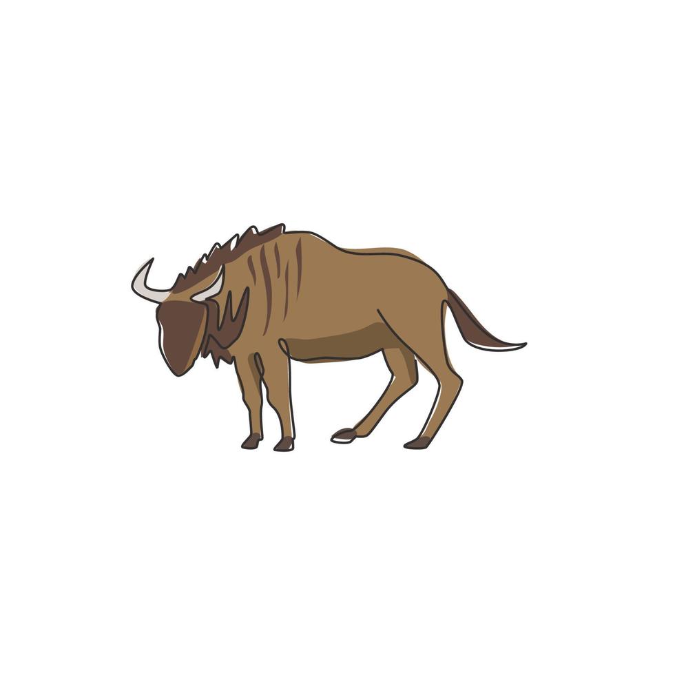 Single one line drawing of dashing wildebeest for foundation logo identity. Strong gnu mascot concept for national zoo icon. Modern continuous line draw design graphic vector illustration