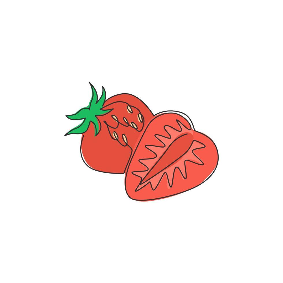 Single one line drawing sliced healthy organic strawberry for orchard logo identity. Fresh berry fruitage concept for fruit garden icon. Modern continuous line draw graphic design vector illustration