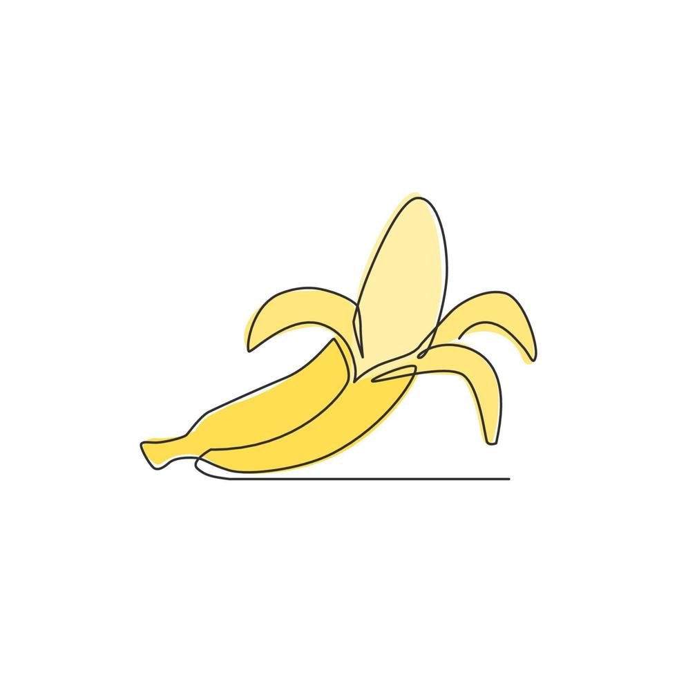 One continuous line drawing slice ripe healthy organic banana for orchard logo identity. Fresh tropical fruitage concept fruit garden icon. Modern single line draw design vector graphic illustration