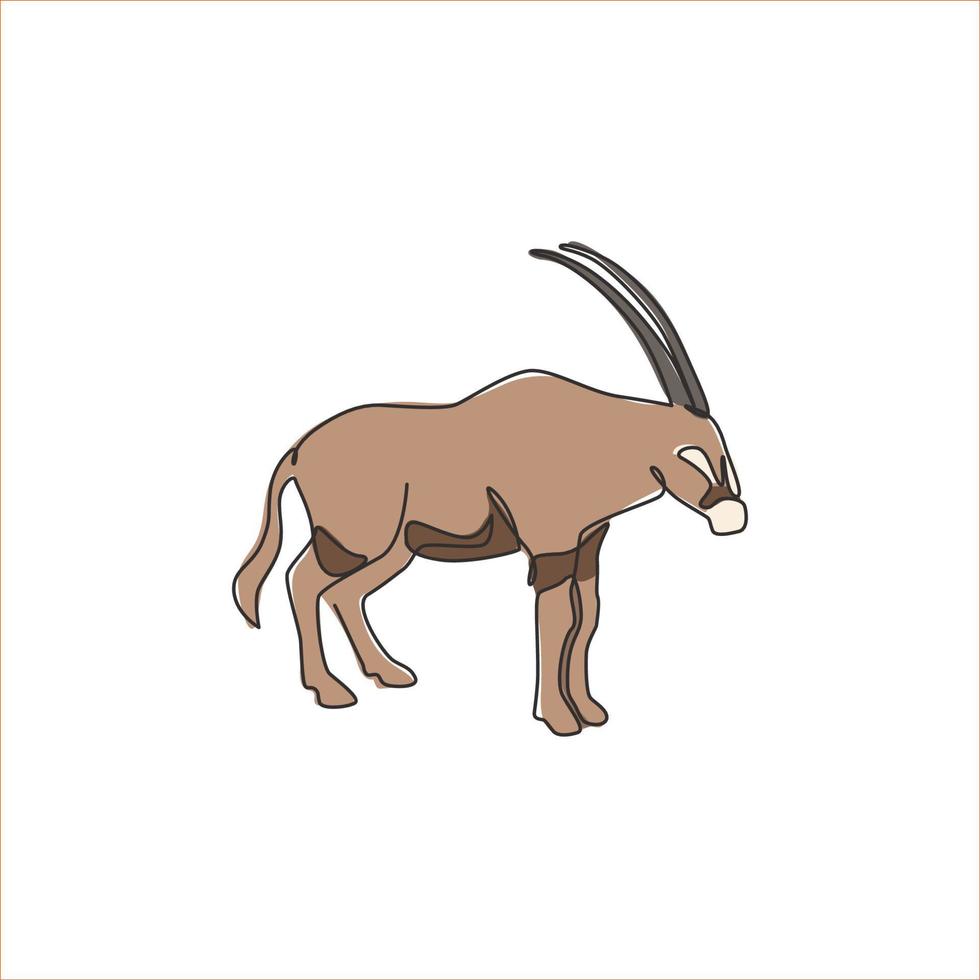 dibujo de línea continua única de oryx para la identidad del logotipo de la empresa. concepto de mascota de mamífero antílope para el icono del parque nacional de conservación. Ilustración gráfica de vector de diseño de dibujo de una línea moderna