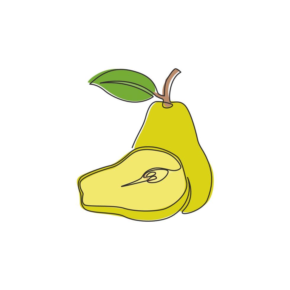 One continuous line drawing of sliced and whole healthy pear organic for orchard logo identity. Fresh summer fruitage concept for fruit garden icon. Modern single line draw design vector illustration