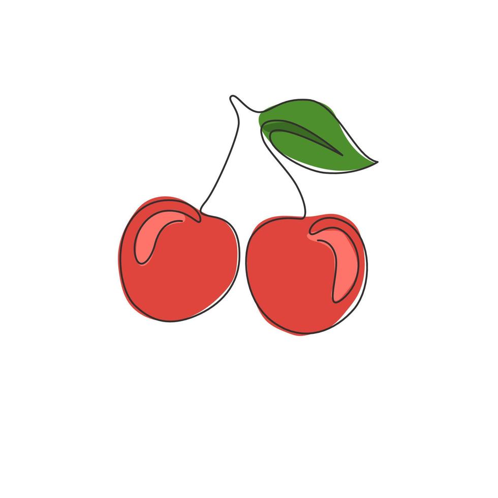 One continuous line drawing of whole healthy organic cherries for orchard logo identity. Fresh fruitage concept for fruit garden icon. Modern single line draw design graphic vector illustration
