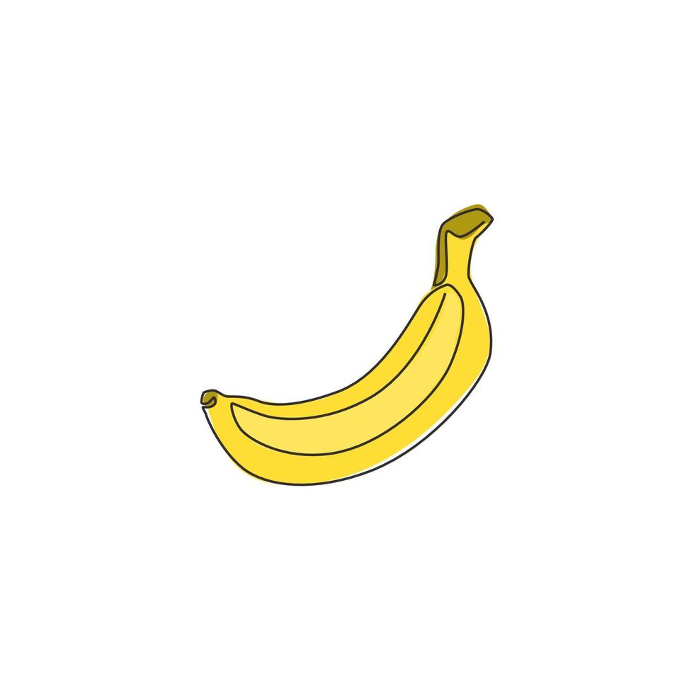 Single one line drawing of whole healthy organic banana for orchard logo identity. Fresh tropical fruitage concept for fruit garden icon. Modern continuous line graphic draw design vector illustration