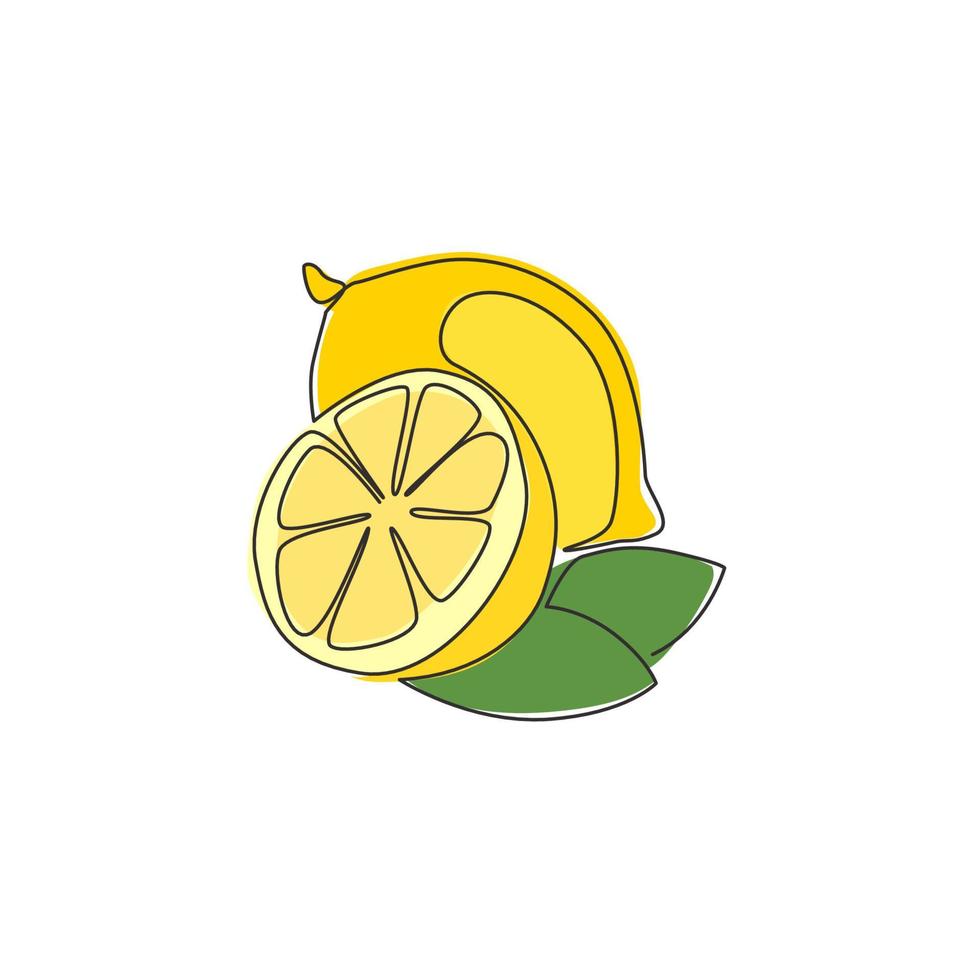 Single continuous line drawing of whole and sliced healthy organic lemon for orchard logo identity. Fresh zest fruitage concept for fruit garden icon. Modern one line draw design vector illustration