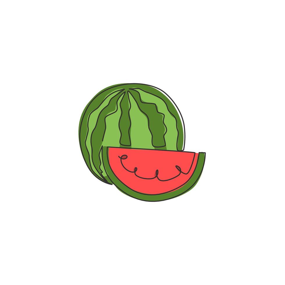 Single one line drawing of sliced and whole healthy organic watermelon for orchard logo identity. Fresh fruitage concept for fruit garden icon. Modern continuous line draw design vector illustration
