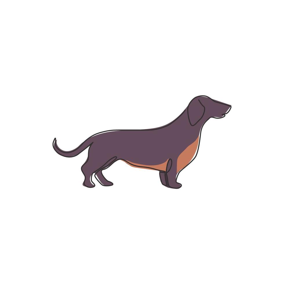 One continuous line drawing of adorable dachshund dog for logo identity. Purebred dog mascot concept for pedigree friendly pet icon. Modern single line draw design vector graphic illustration