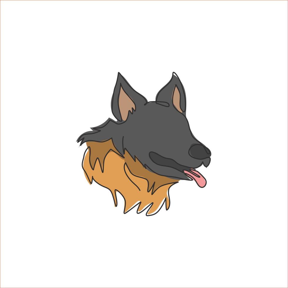 One continuous line drawing of cute german shepherd dog for security logo identity. Purebred dog mascot concept for pedigree friendly pet icon. Modern single line draw design vector illustration